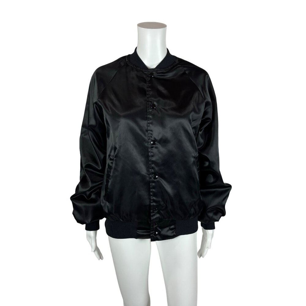 Vintage 80s Satin Bomber Women's Small Grandma VI Lettered Black Button Up Jacke - Picture 4 of 11